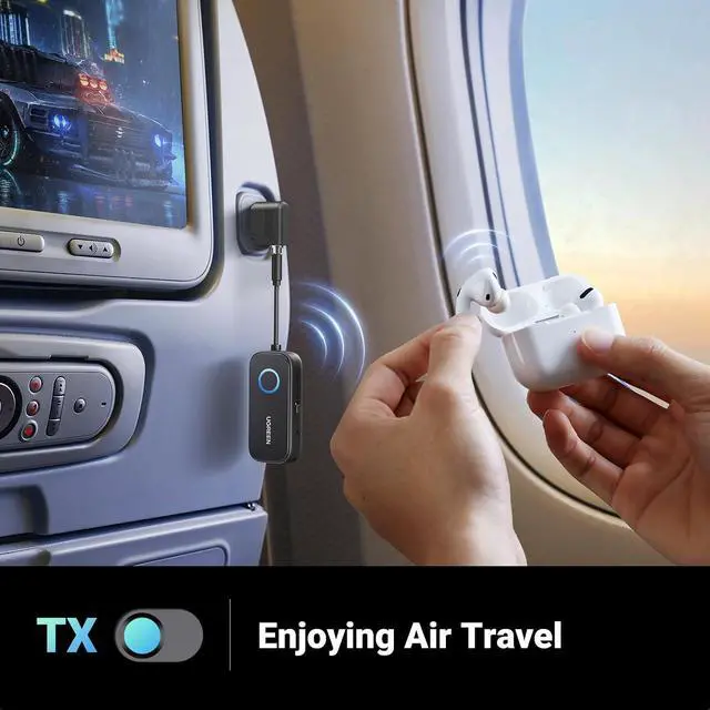 Alt view image 4 of 7 - UGREEN Airplane Bluetooth Transmitter Receiver for 2 Airpods or Headphones, Airplane Travel Essentials 2-in-1 Wireless Bluetooth Adapter-Use with Any 3.5MM Jack on Flight, TV, Car Stereo, Treadmill