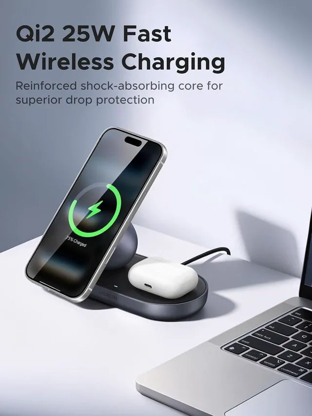 Alt view image 2 of 7 - UGREEN Qi2.2 25W 2-in-1 Magnetic Wireless Charging Station