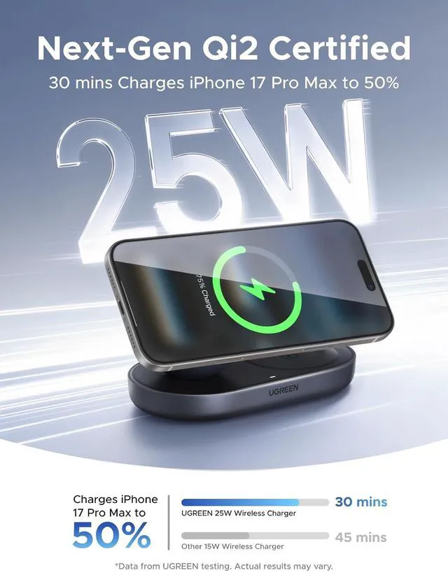 Alt view image 3 of 7 - UGREEN Qi2.2 25W 2-in-1 Magnetic Wireless Charging Station