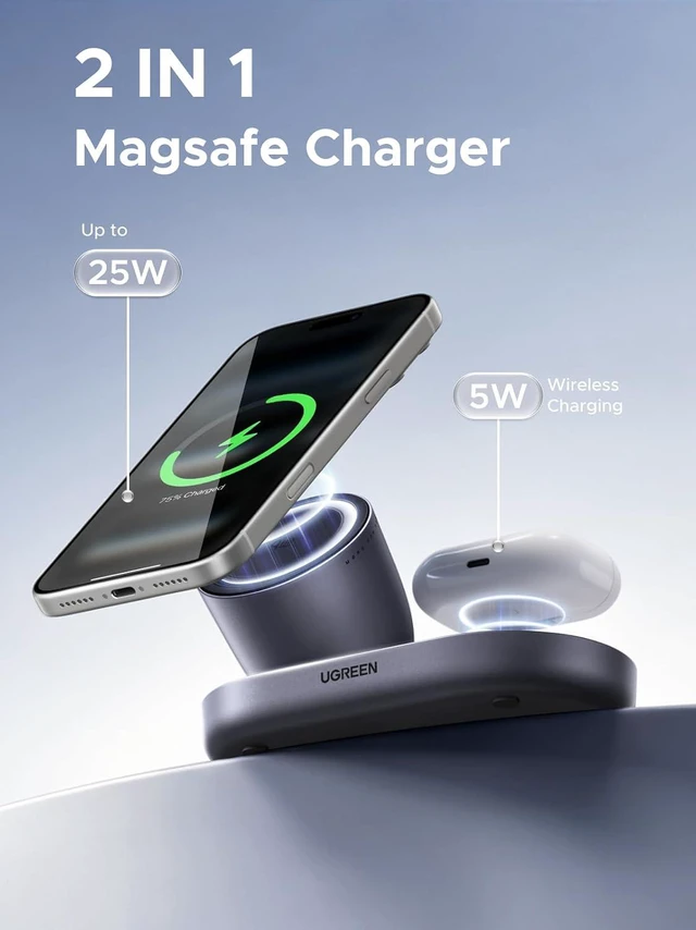 Alt view image 4 of 7 - UGREEN Qi2.2 25W 2-in-1 Magnetic Wireless Charging Station