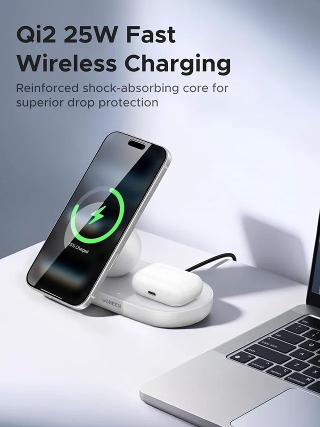 Alt view image 2 of 7 - UGREEN Qi2.2 25W 2-in-1 Magnetic Wireless Charging Station