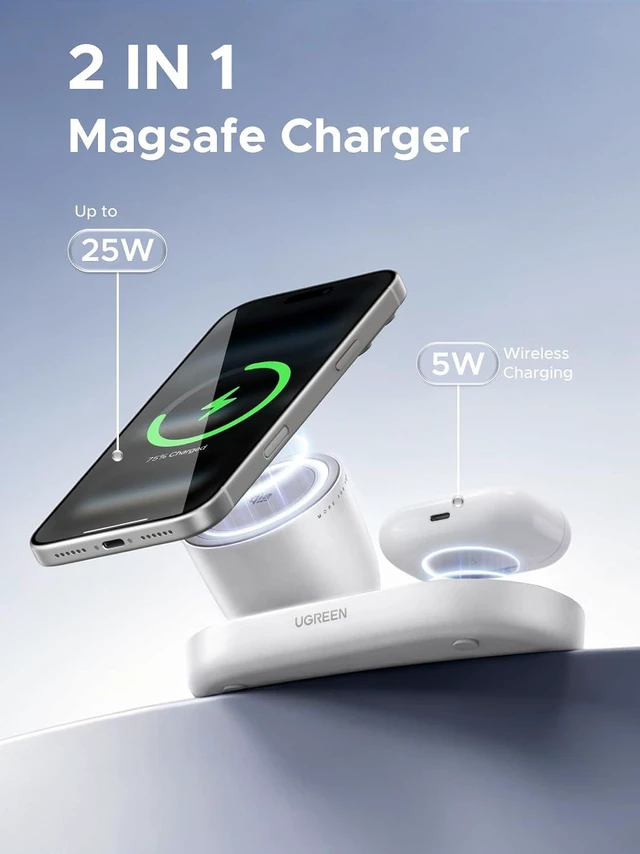 Alt view image 4 of 7 - UGREEN Qi2.2 25W 2-in-1 Magnetic Wireless Charging Station