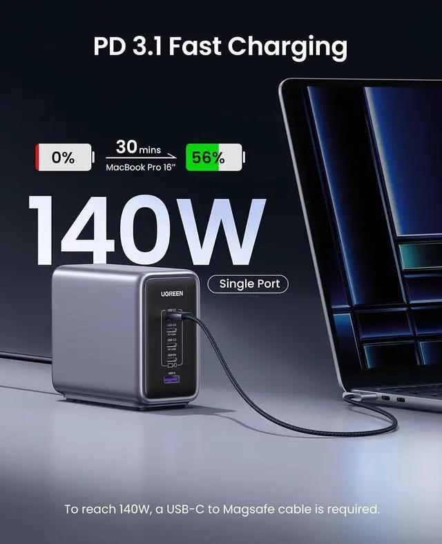 Alt view image 2 of 7 - UGREEN Nexode 300W GaN Charging Station, 5-Port 140W Max Desktop Charger Compatible with MacBook Pro/Air/Neo, Dell XPS, iPhone 17/16/15, Galaxy S26/S25/S24, Pixel 10/9, iPad Air/Pro, Steam Deck