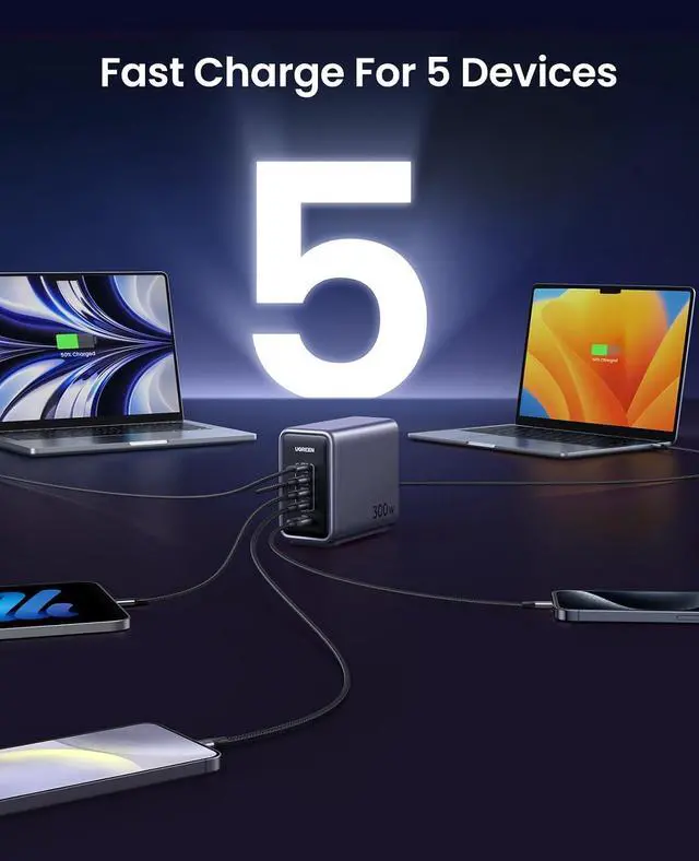 Alt view image 3 of 7 - UGREEN Nexode 300W GaN Charging Station, 5-Port 140W Max Desktop Charger Compatible with MacBook Pro/Air/Neo, Dell XPS, iPhone 17/16/15, Galaxy S26/S25/S24, Pixel 10/9, iPad Air/Pro, Steam Deck