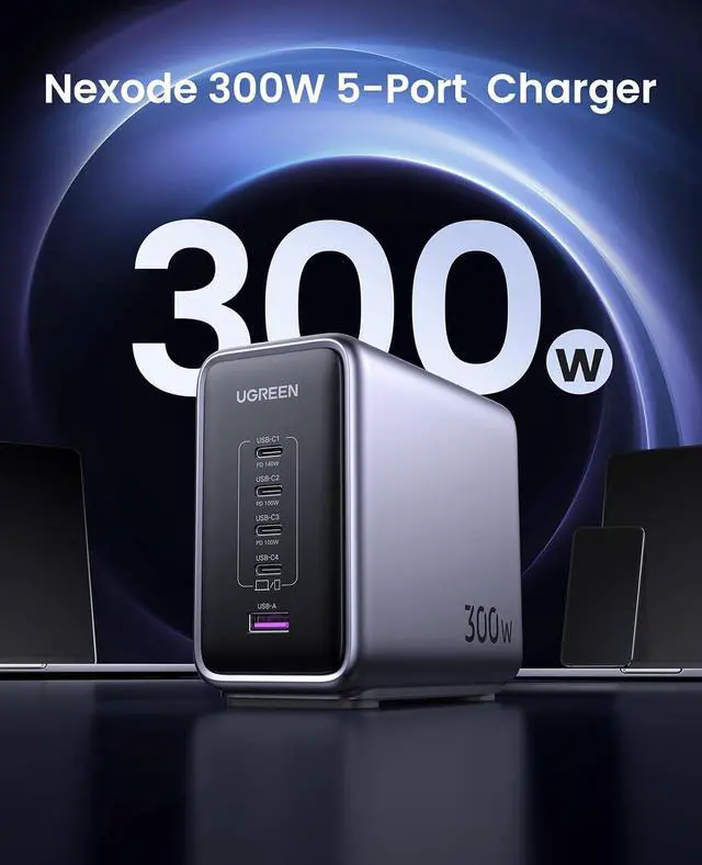 Alt view image 7 of 7 - UGREEN Nexode 300W GaN Charging Station, 5-Port 140W Max Desktop Charger Compatible with MacBook Pro/Air/Neo, Dell XPS, iPhone 17/16/15, Galaxy S26/S25/S24, Pixel 10/9, iPad Air/Pro, Steam Deck