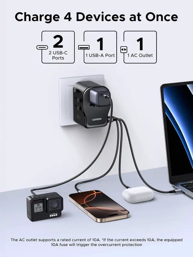 Alt view image 4 of 7 - UGREEN 65W Max 4-Port Universal Travel Adapter Worldwide