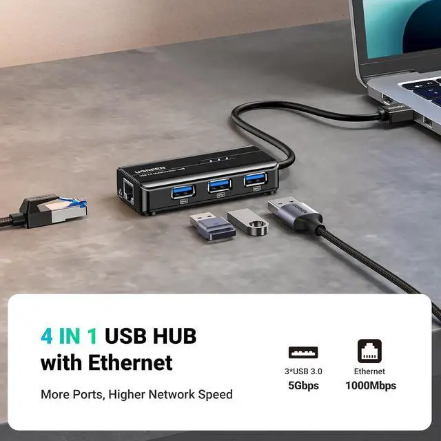 Alt view image 2 of 6 - UGREEN USB 3.0 Hub Ethernet Adapter, with 3 USB 3.0 Ports Hub 1000Mbps