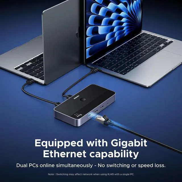 Alt view image 2 of 7 - UGREEN USB 3.0 Switch for 2 PCs Simultaneous Internet Access & Sharing USB Devices, USB Switcher Sharing Keyboard and Mouse, Built-in Gigabit Ethernet Adapter, Includes 2 USB Cables & Controller