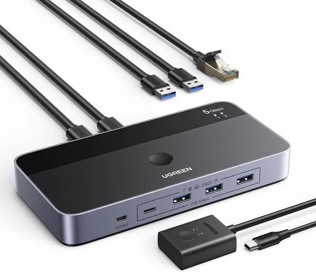 Main image of UGREEN USB 3.0 Switch for 2 PCs Simultaneous Internet Access & Sharing USB Devices, USB Switcher Sharing Keyboard and Mouse, Built-in Gigabit Ethernet Adapter, Includes 2 USB Cables & Controller