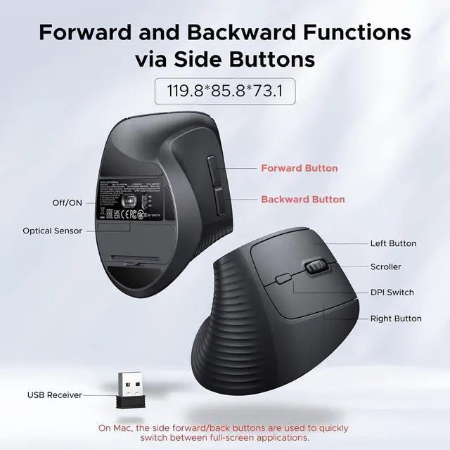 Alt view image 5 of 7 - UGREEN 2.4G Mouse Wireless Vertical Ergonomic Mouse, Adjustable DPI Office Cordless 6 Buttons, Computer Mouse with 1000/1600/2000/4000 DPI for Windows/Mac OS etc