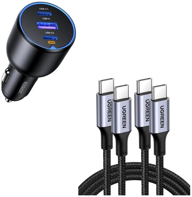 Main image of UGREEN 130W 3-Port USB C Car Charger Bundle with 100W 2-Pack 3.3FT USB C Cable