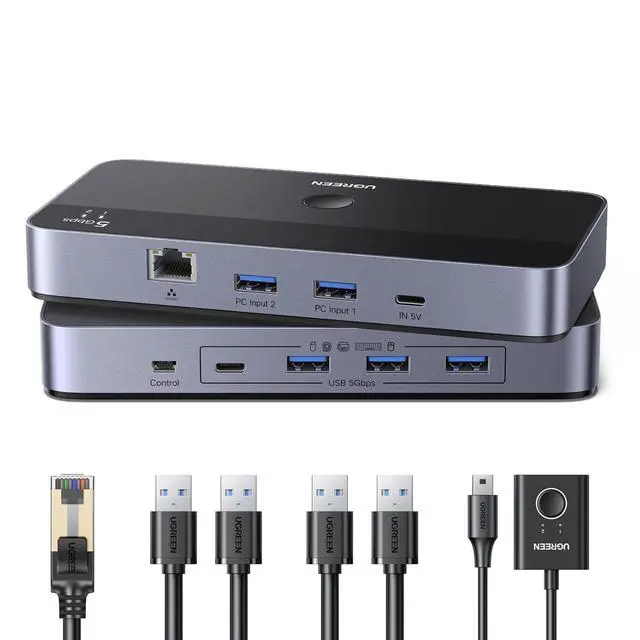 Alt view image 7 of 7 - UGREEN USB 3.0 Switch for 2 PCs Simultaneous Internet Access & Sharing USB Devices, USB Switcher Sharing Keyboard and Mouse, Built-in Gigabit Ethernet Adapter, Includes 2 USB Cables & Controller