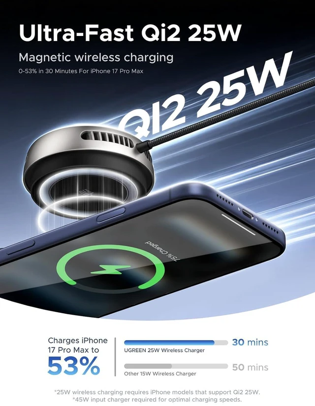 Alt view image 2 of 7 - UGREEN Qi2.2 25W Magnetic Wireless Charging Pad with TEC Cooling Fan