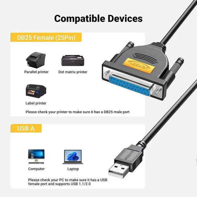 Alt view image 2 of 7 - UGREEN USB Male to DB25 Female Parallel (25 Pin) Printer Cable Adapter 6FT