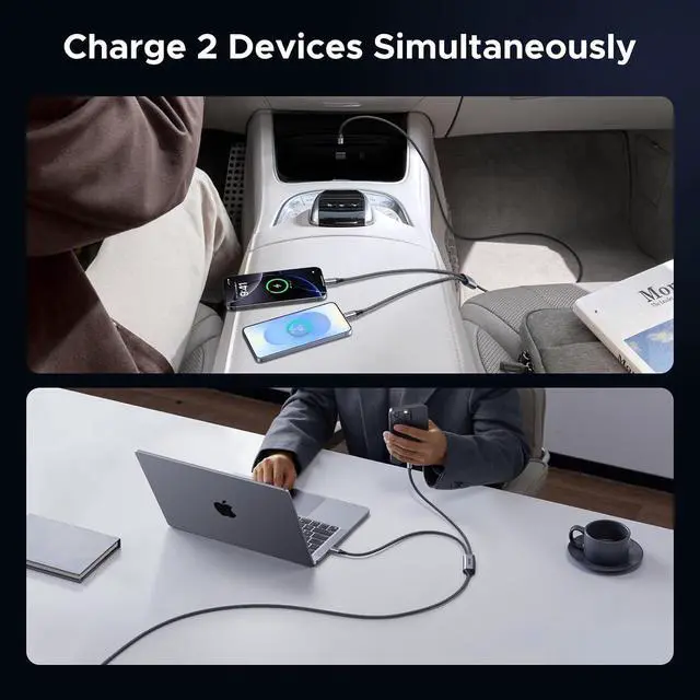 Alt view image 3 of 7 - UGREEN 140W USB C Cable 2-in-1, Fast Charging, 6.6ft