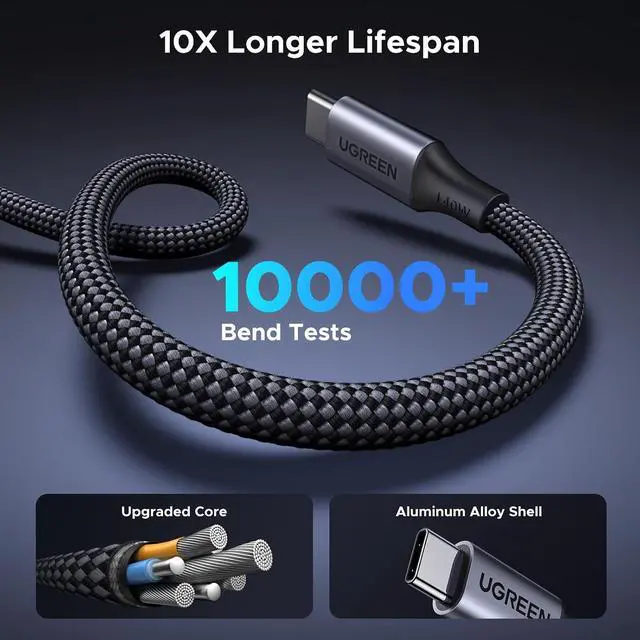 Alt view image 6 of 7 - UGREEN 140W USB C Cable 2-in-1, Fast Charging, 6.6ft