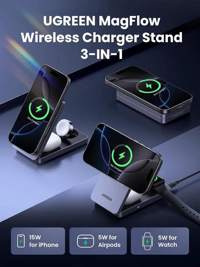 Alt view image 3 of 7 - UGREEN MagFlow Qi2 15W 3-in-1 Foldable Charging Station