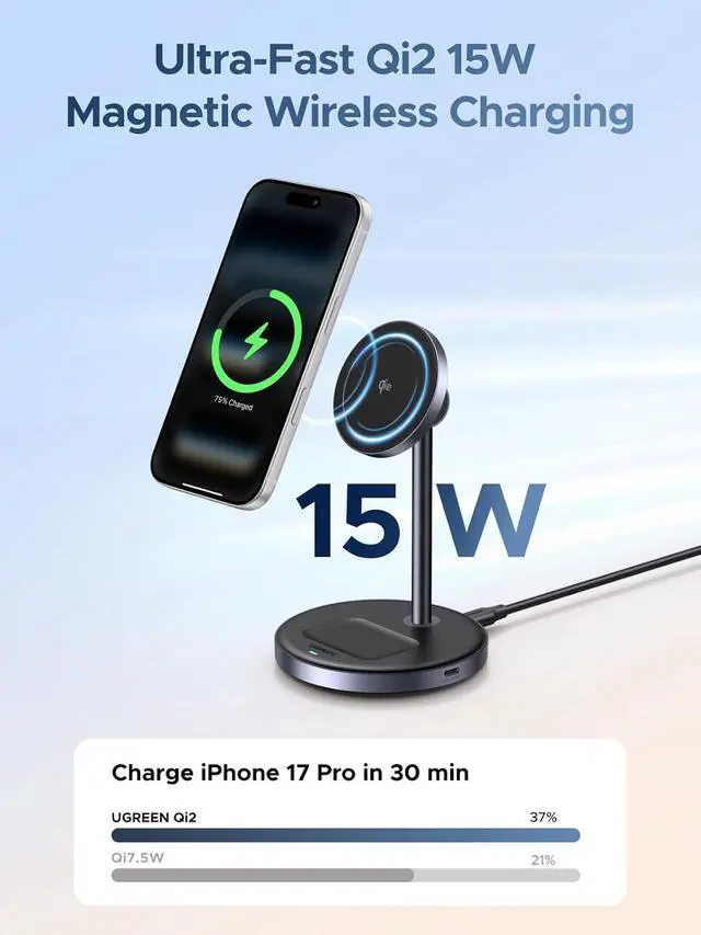 Alt view image 2 of 7 - UGREEN Qi2 15W 2-in-1 MagSafe-Compatible Wireless Charging Stand