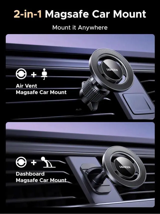 Alt view image 2 of 7 - UGREEN Car Phone Mount for Magsafe Magnetic Phone Holder Car Air Vent Dashboard Car Accessories Compatible with iPhone 17 16 15 14 13 12 Pro Max, Strongest Magnet Black
