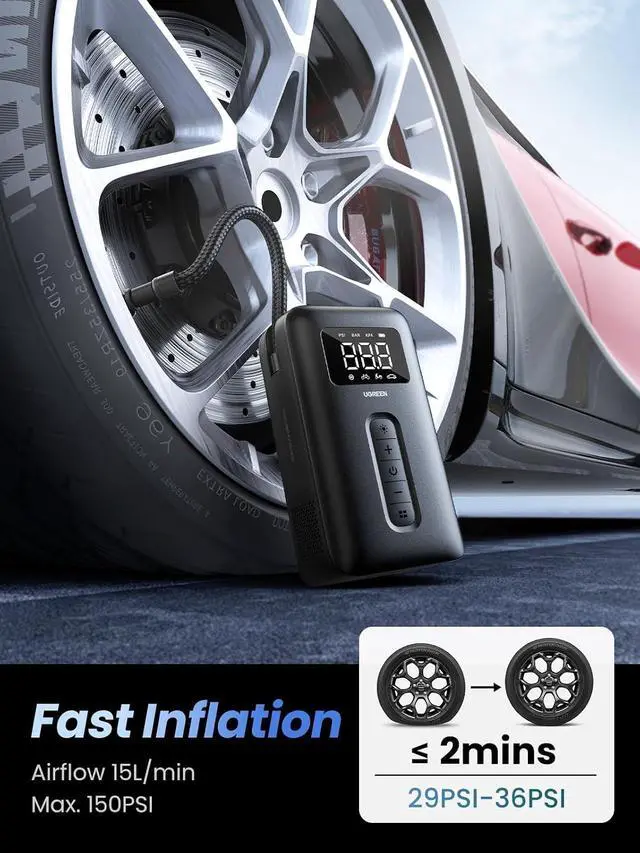 Alt view image 2 of 7 - UGREEN Tire Inflator Portable Air Compressor 150PSI Air Pump with Battery LED Light Cordless Tire pump for Cars Bikes Motorcycle Balls