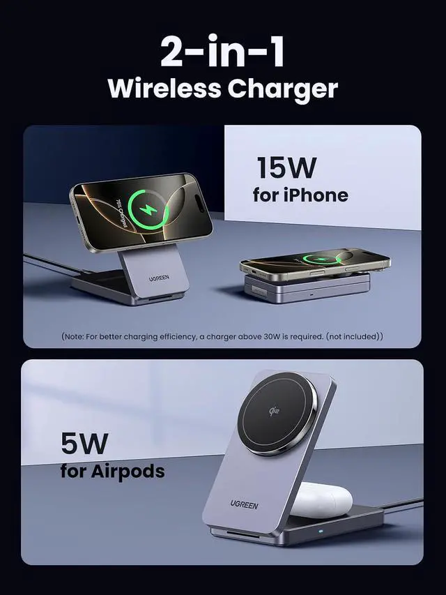 Alt view image 4 of 7 - UGREEN MagFlow Qi2 15W 2-in-1 Foldable Wireless Charger Stand