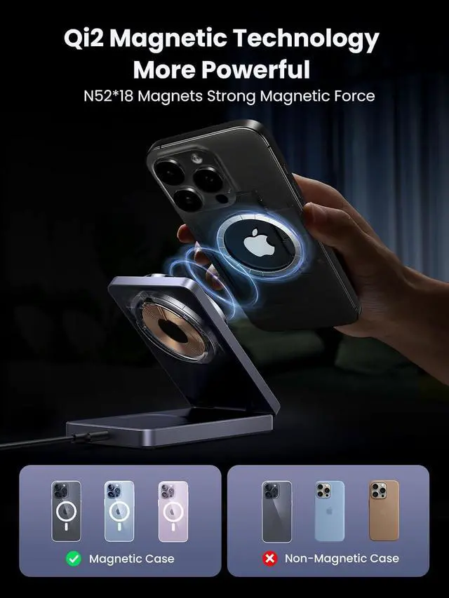 Alt view image 6 of 7 - UGREEN MagFlow Qi2 15W 2-in-1 Foldable Wireless Charger Stand