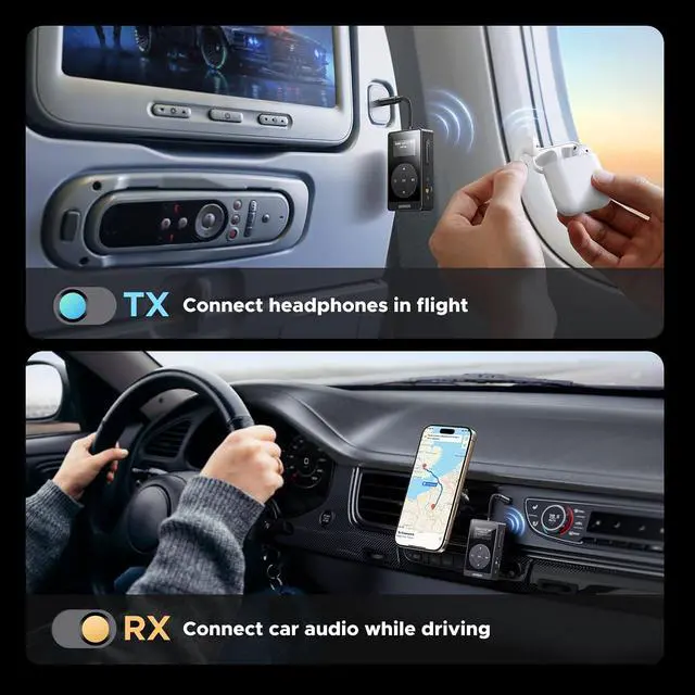 Alt view image 6 of 7 - UGREEN Airplane Bluetooth 5.3 Transmitter Receiver for 2 Airpods, AptX Adaptive/HD Audio 3.5m Aux Bluetooth Adapter for Airplane TV Wireless Headphones, Travel Essentials for Flying