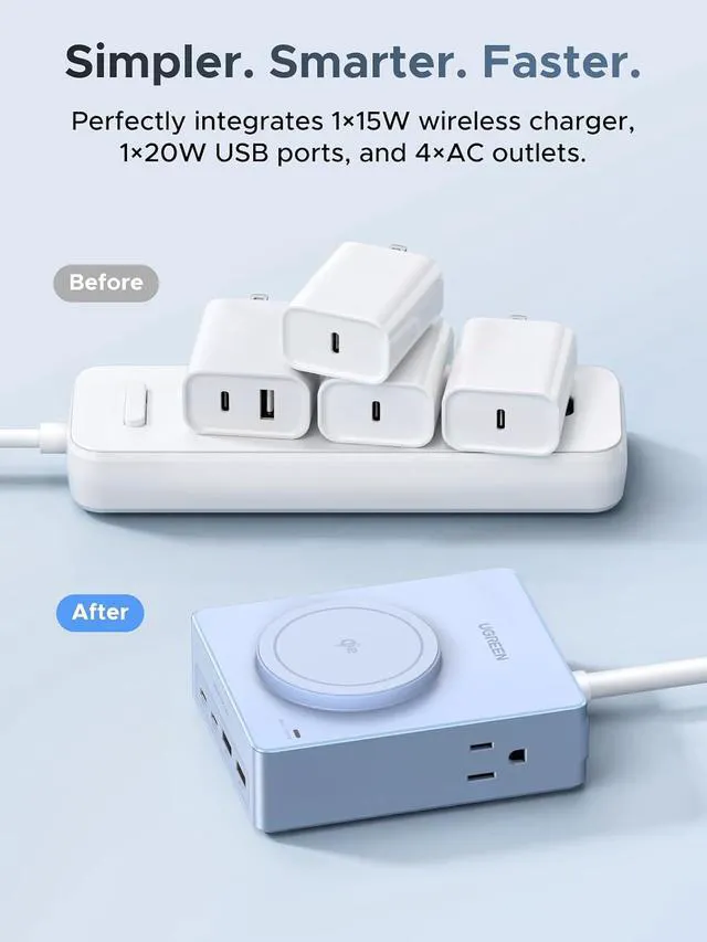 Alt view image 5 of 7 - UGREEN 15W 8-Port Wireless Charger Power Strip with 5FT Extension Cord