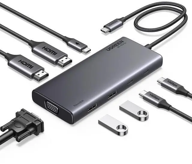 Main image of UGREEN 8 in 1 USB C 4K Docking Station Dual Monitor, Triple Display USB C Hub with 2 HDMI, VGA, 2 USB A&C 3.2 Ports, 100W PD, Compatible for MacBook, Dell, HP, Lenovo, Surface etc