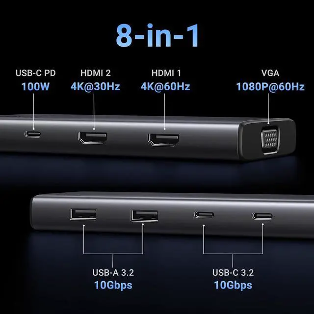 Alt view image 2 of 7 - UGREEN 8 in 1 USB C 4K Docking Station Dual Monitor, Triple Display USB C Hub with 2 HDMI, VGA, 2 USB A&C 3.2 Ports, 100W PD, Compatible for MacBook, Dell, HP, Lenovo, Surface etc
