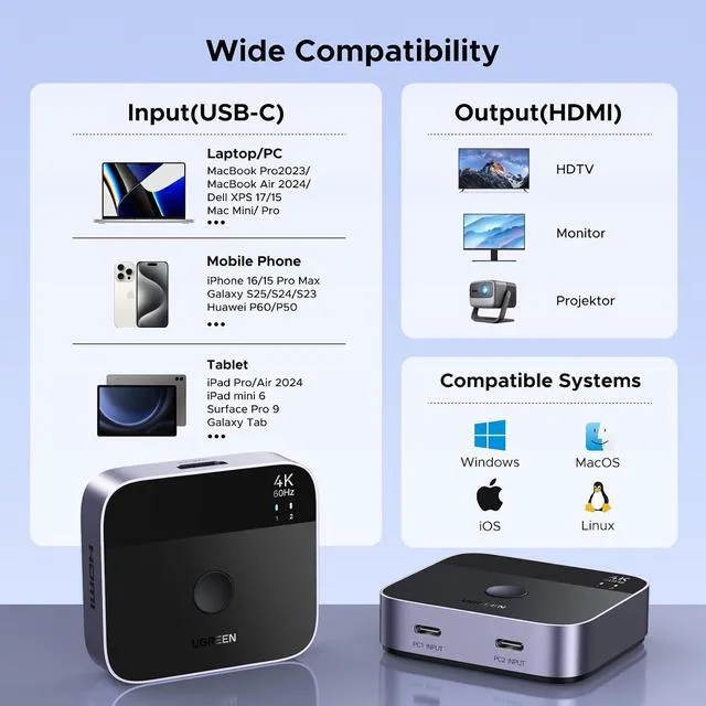 Alt view image 7 of 7 - 2 USB C in 1 HDMI Out Switch, Aluminum, 4K@60Hz, HDR, HDCP 2.2