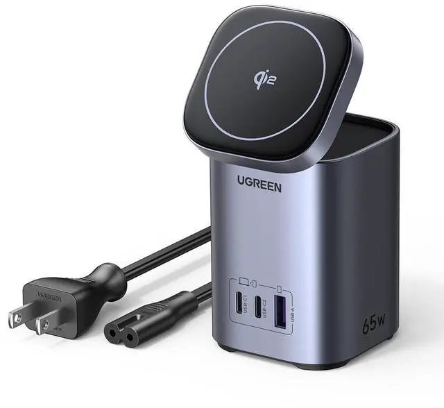 Main image of UGREEN Nexode 65W GaN USB C Charging Station Stand Foldable, 3-Port Desktop Charger with 15W Qi2 MagSafe Wireless Charging Stand for iPhone 17/16/15/14/13/12, Galaxy S25/S24, Pixel 10/9, iPad Air