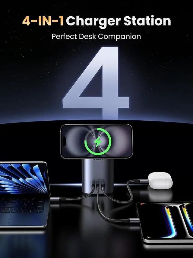 Alt view image 4 of 7 - UGREEN Nexode 65W GaN USB C Charging Station Stand Foldable, 3-Port Desktop Charger with 15W Qi2 MagSafe Wireless Charging Stand for iPhone 17/16/15/14/13/12, Galaxy S25/S24, Pixel 10/9, iPad Air