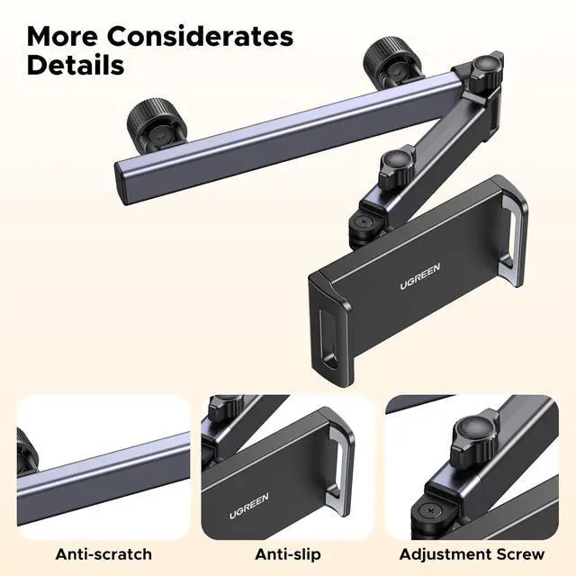 Alt view image 5 of 7 - UGREEN Car Headrest Tablet Holder Adjustable Extension Arm Backseat Mount Car Seat for Kids Travel Accessory Compatible with iPad Air Mini iPhone Galaxy Tab Switch 4.7-9.84 inches Devices