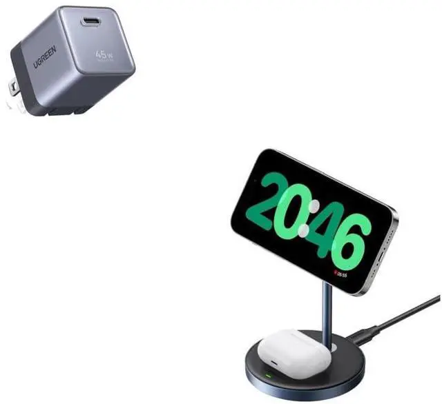 Main image of UGREEN 2-Item Bundle: MagFlow 2-in-1 Magnetic Wireless Charging Stand for Phone + AirPods, Foldable 45W GaN USB C Charger Block Desk and Travel Essentials