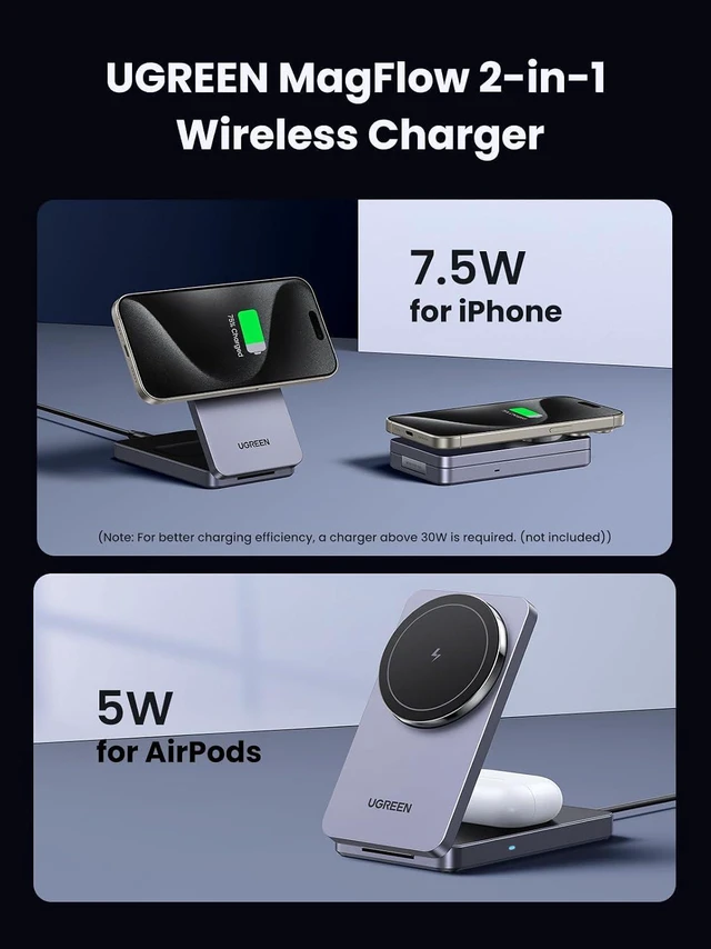 Alt view image 2 of 7 - UGREEN MagFlow 2-in-1 MagSafe Compatible Foldable Wireless Charger Stand