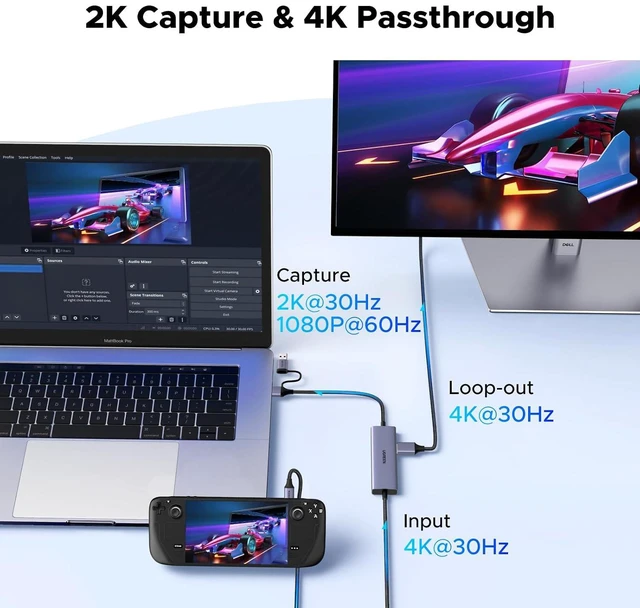 Alt view image 2 of 7 - 2K@30Hz USB 3.0 Video Capture Card with 100W PD for Streaming Gaming