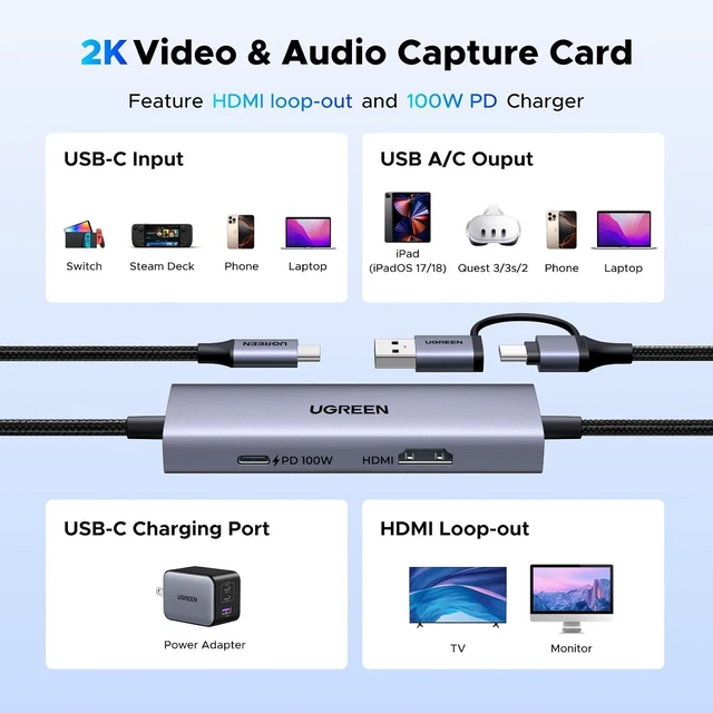 Alt view image 5 of 7 - 2K@30Hz USB 3.0 Video Capture Card with 100W PD for Streaming Gaming
