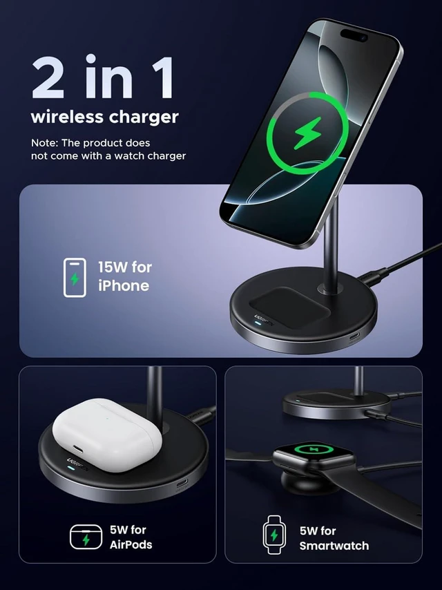 Alt view image 3 of 7 - UGREEN Qi2 15W 2-in-1 MagSafe Compatible Magnetic Wireless Charging Stand