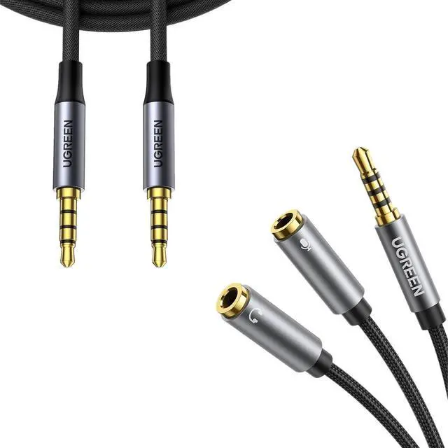 Main image of UGREEN Headphone Splitter 3.5mm 2 Female to 1 Male Mic and Audio Y Splitter Bundle with 3.5mm Audio Cable Braided 4-Pole 3FT