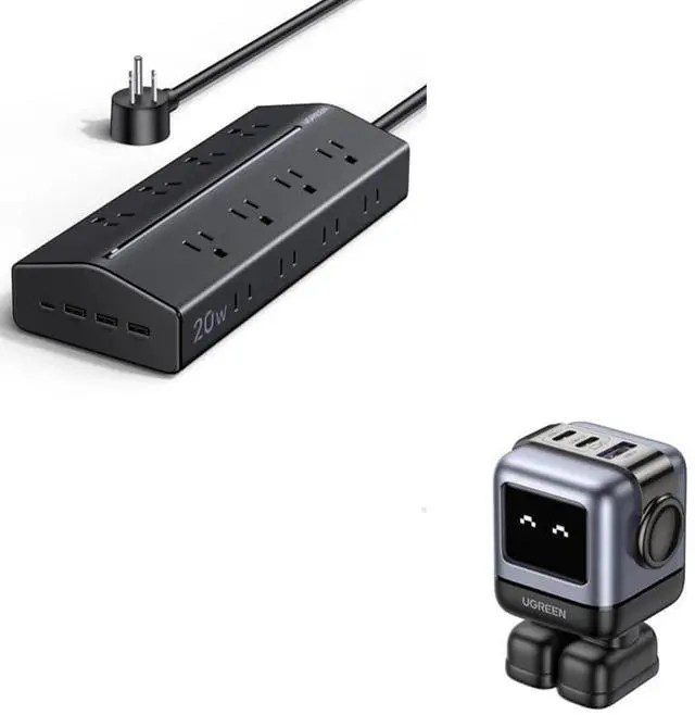 Main image of UGREEN 65W GaN USB-C Charger + 20-in-1 Power Strip Bundle, 3-Port Wall Charger & 16 AC-Outlet Desktop/Travel Power Hub with USB-C 20W, Compact Home & Office Multi-Device Charging Kit