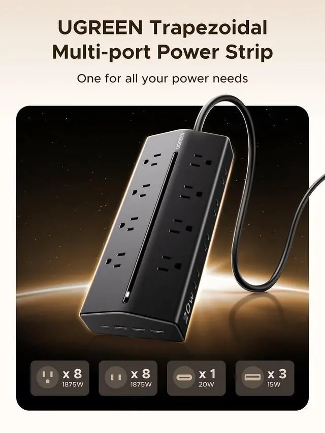 Alt view image 3 of 7 - UGREEN 65W GaN USB-C Charger + 20-in-1 Power Strip Bundle, 3-Port Wall Charger & 16 AC-Outlet Desktop/Travel Power Hub with USB-C 20W, Compact Home & Office Multi-Device Charging Kit