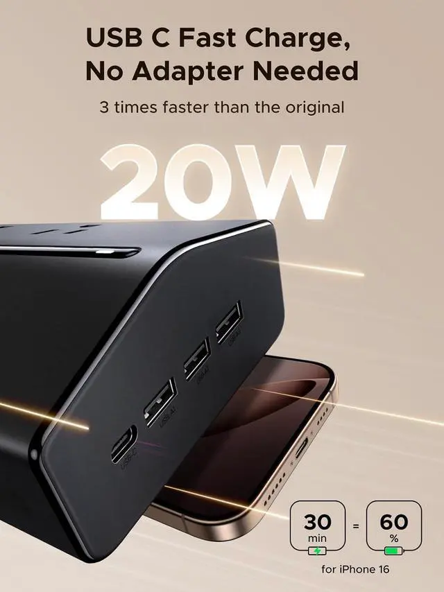 Alt view image 5 of 7 - UGREEN 65W GaN USB-C Charger + 20-in-1 Power Strip Bundle, 3-Port Wall Charger & 16 AC-Outlet Desktop/Travel Power Hub with USB-C 20W, Compact Home & Office Multi-Device Charging Kit