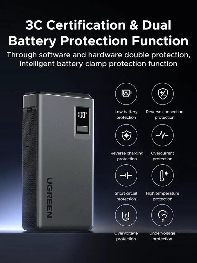 Alt view image 4 of 7 - UGREEN Jump Starter Power Pack 1000A Car Battery Booster for 6.0L Gasoline and 3.5L Diesel Engines 12000mAh Car Jump Starter Power Bank with Digital Screen and LED Light for Emergency