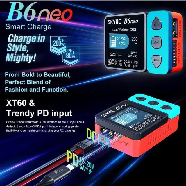 Alt view image 5 of 7 - HTLNUZD B6 neo Mini Balance Charger 200W with DC/PD Dual Input 10A Charge Current Digital Power Supply