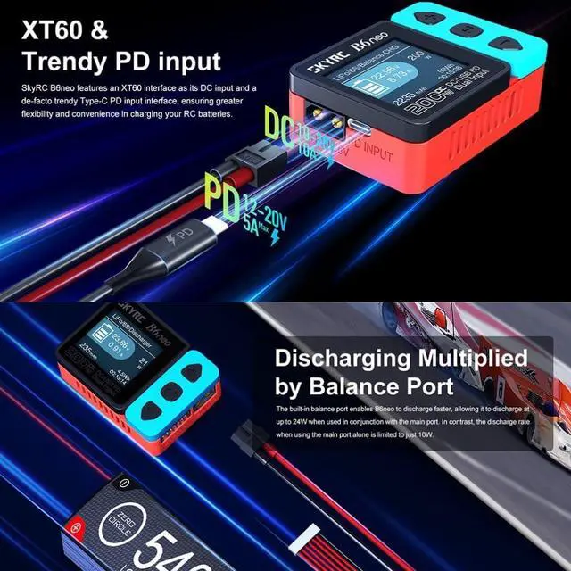 Alt view image 3 of 7 - HTLNUZD B6 neo Mini Balance Charger 200W with DC/PD Dual Input 10A Charge Current Digital Power Supply