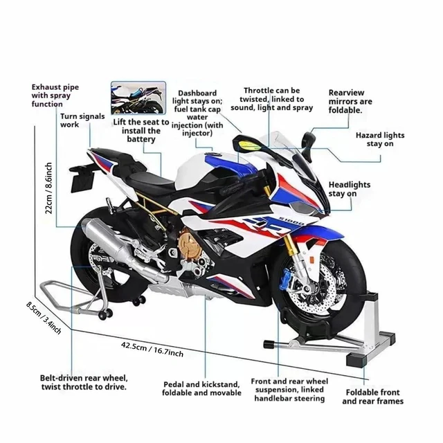 Alt view image 4 of 7 - HTLNUZD 1/6 S1000RR Alloy Motorcycle Model with Light & Sound Effects, Ignition & Smoke Spray Simulation Desk Decor Adult Enthusiasts Gift