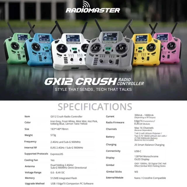 Alt view image 2 of 6 - HTLNUZD Radiomaster GX12 Crush ELRS Radio Transmitter - 2.4G Dual 1W, Gemini Xrossband Mode2 (Yellow)