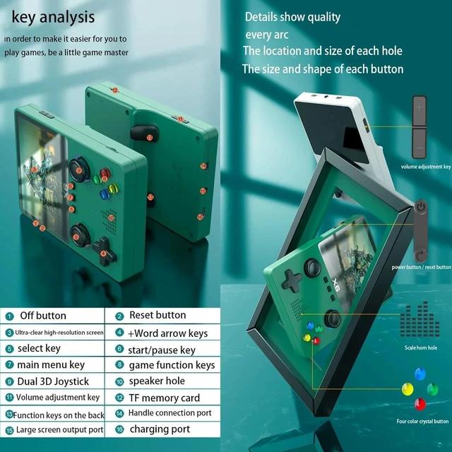 Alt view image 5 of 7 - HTLNUZD X6 3.5Inch IPS Portable Handheld Game Console Screen Dual Joystick 11 Simulators GBA Video 10000+ Classic Games Gift (Green - Doubles)