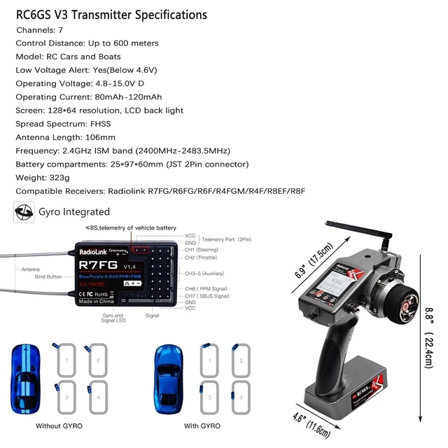 Alt view image 5 of 7 - HTLNUZD Radiolink RC6GS V3 7 Channels 2.4GHz RC Transmitter, with R7FG Gyro RX Volt Telemetry Integrated Receiver Dual Mix Programmable Controller for Crawler, Tanks, Buggy, Boats